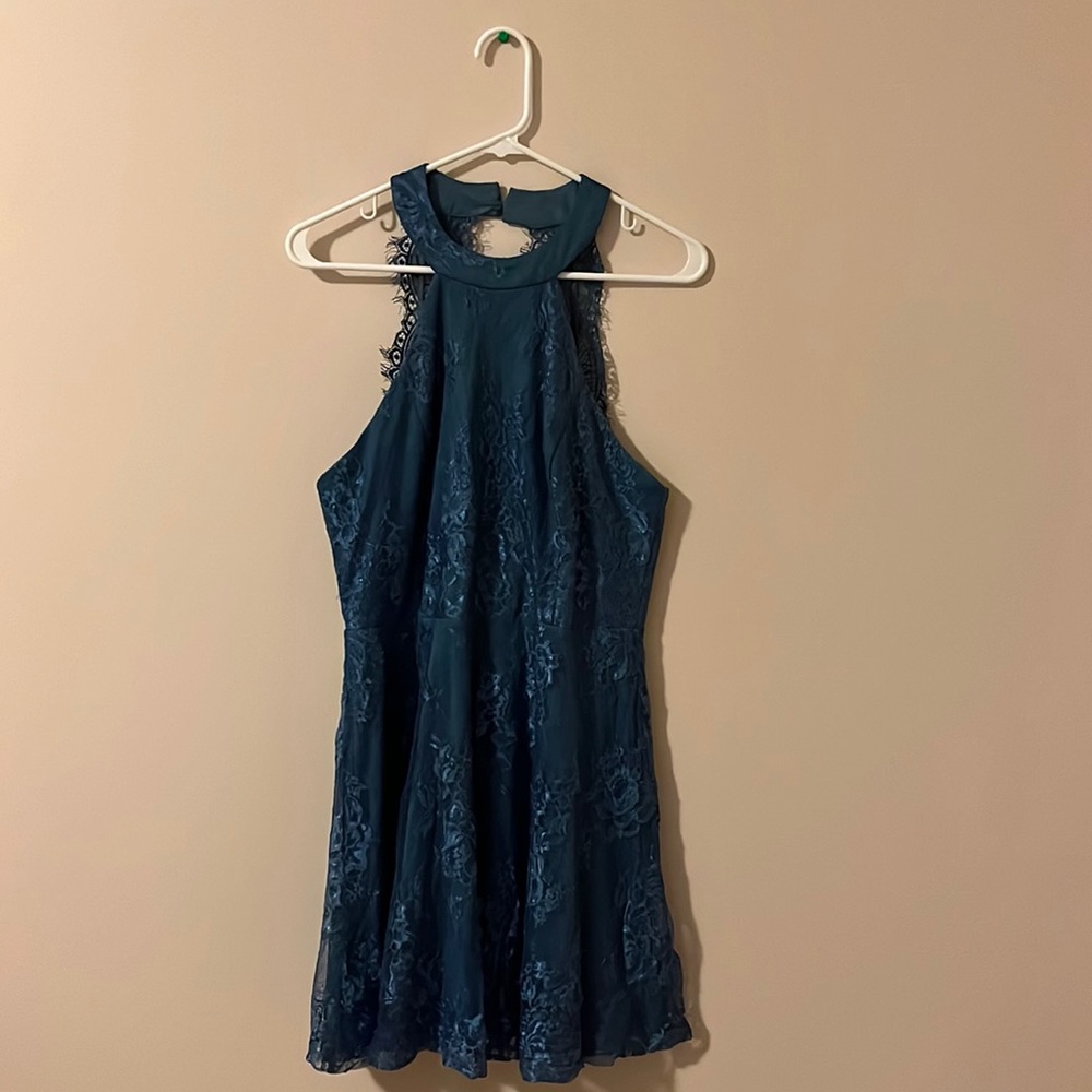 Blue Lulus Halter Homecoming Dress with Lace Back, Size L
